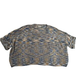 POL Blue Mustard Open Knit Cropped Sweater Short Sleeve Boxy Oversized Boho
